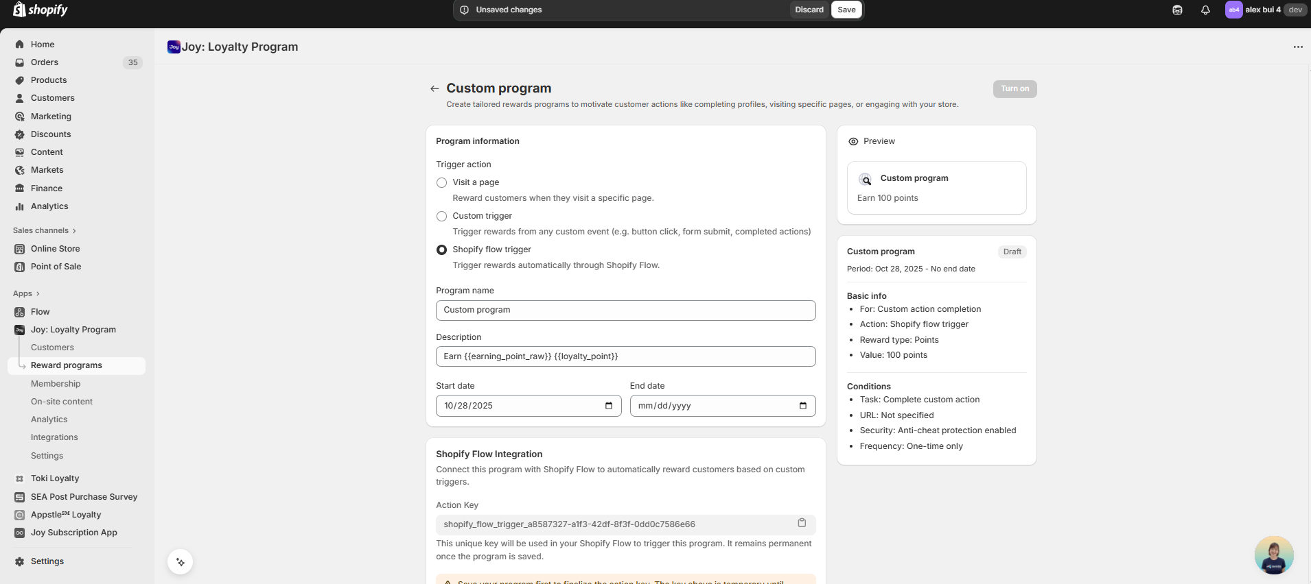 Joy admin Shopify Flow trigger setup showing action_key field and connection status