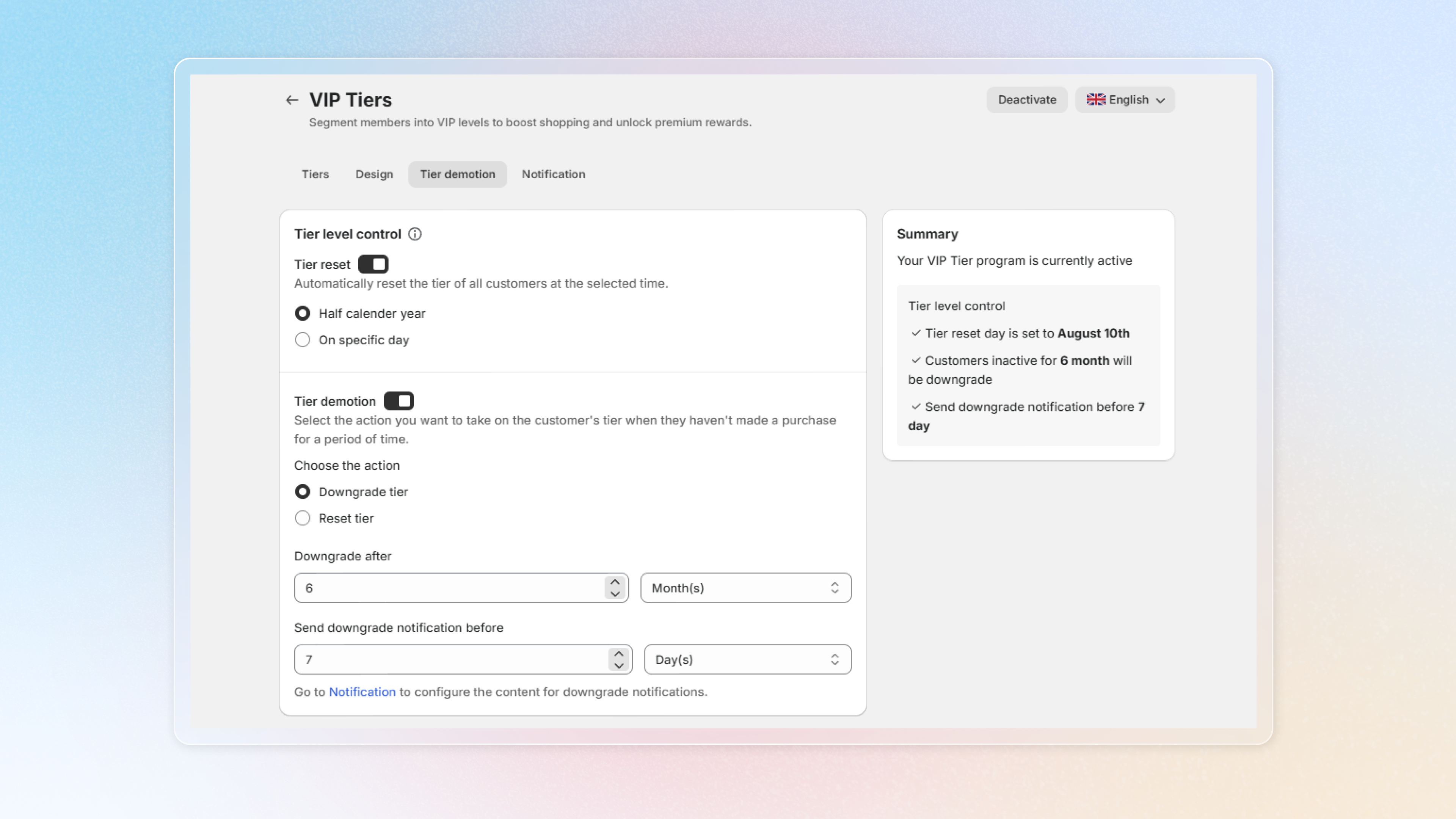 Joy VIP Tier demotion and tier reset settings panel