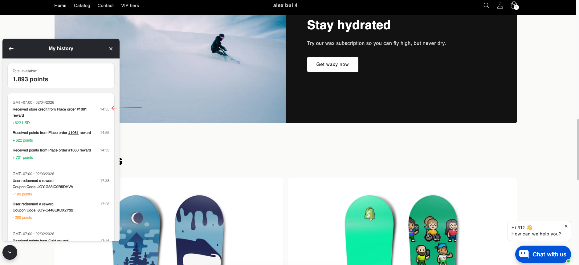 Customer loyalty widget and account page displaying store credit balance