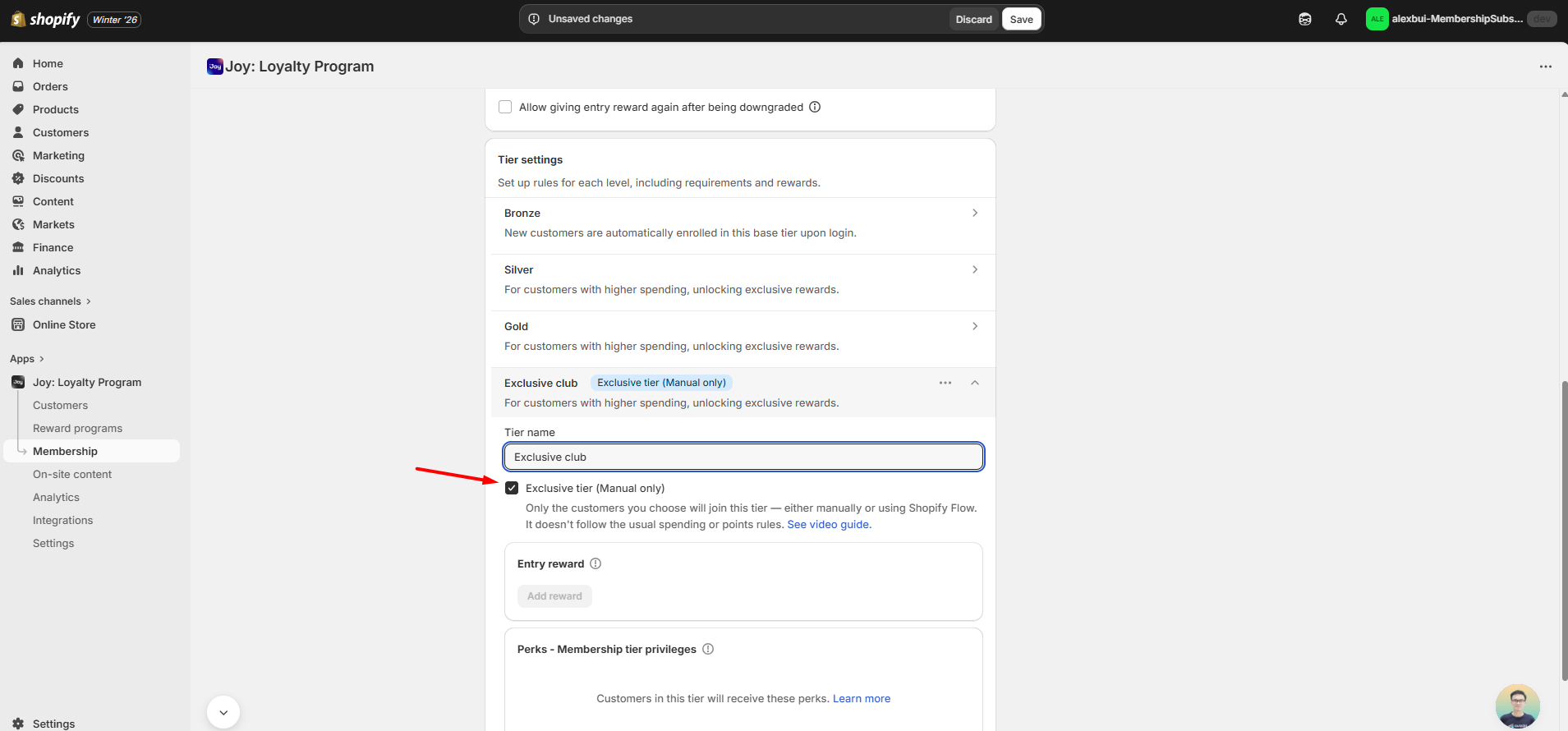 Joy admin Membership section showing how to create an Exclusive Tier