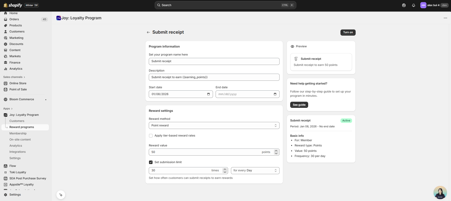 Joy admin Submit Receipt earning program setup screen