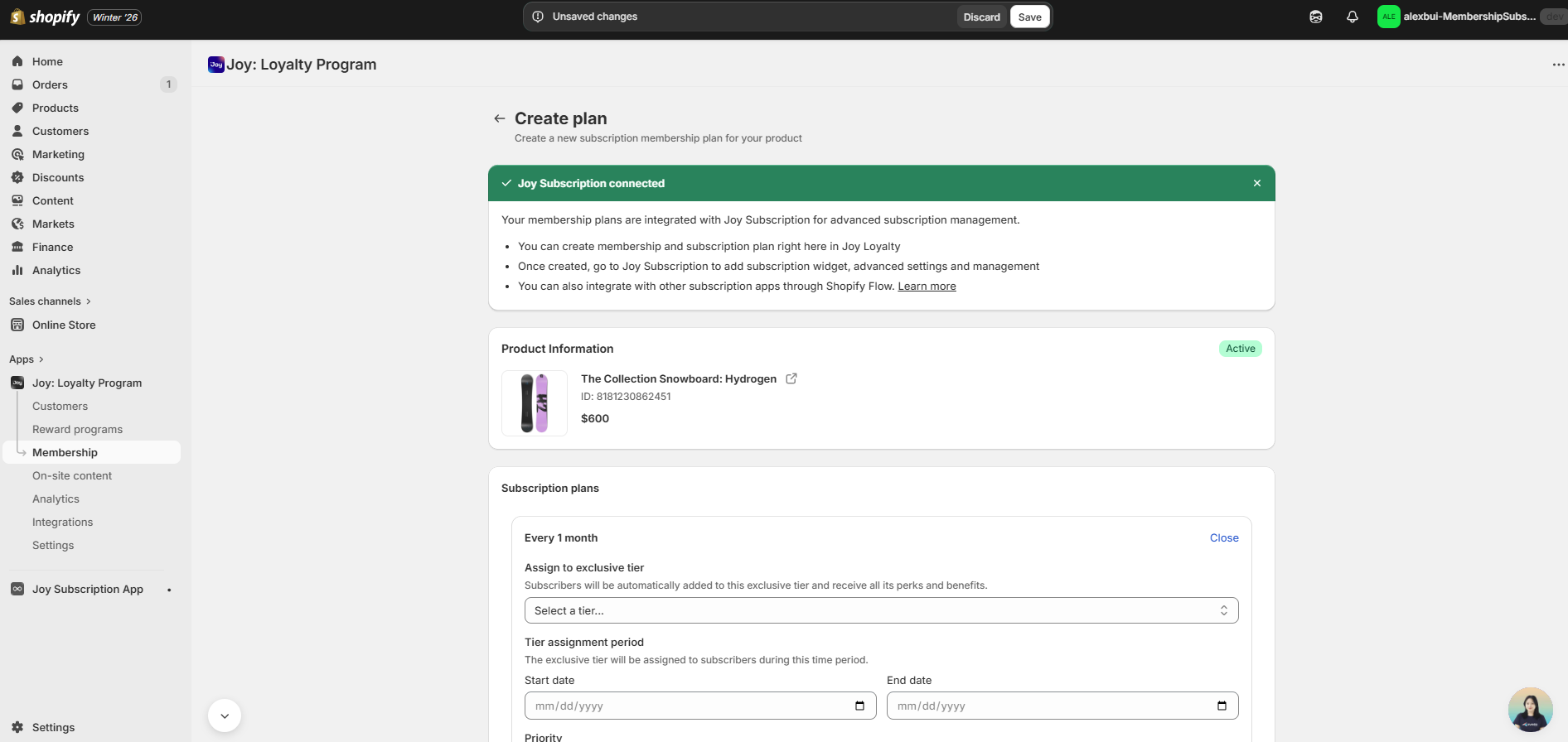 Joy admin membership plan configuration with billing frequency and tier assignment fields