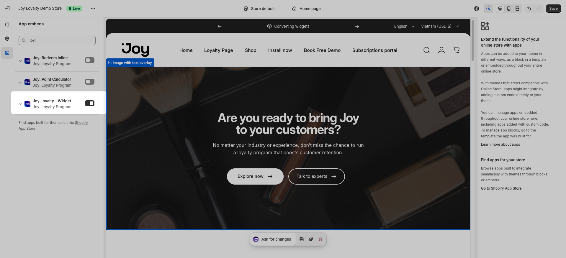 Enabling Joy widget embed in Shopify Theme 
editor