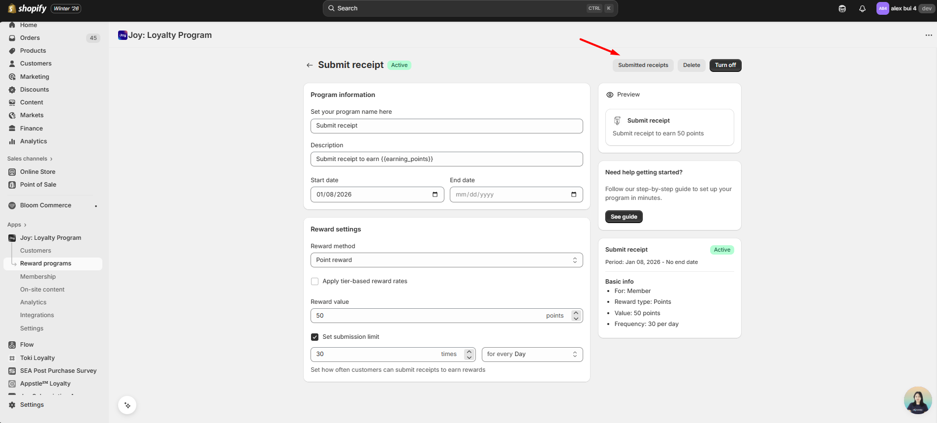 Joy admin Activities panel showing pending submitted receipts ready for review