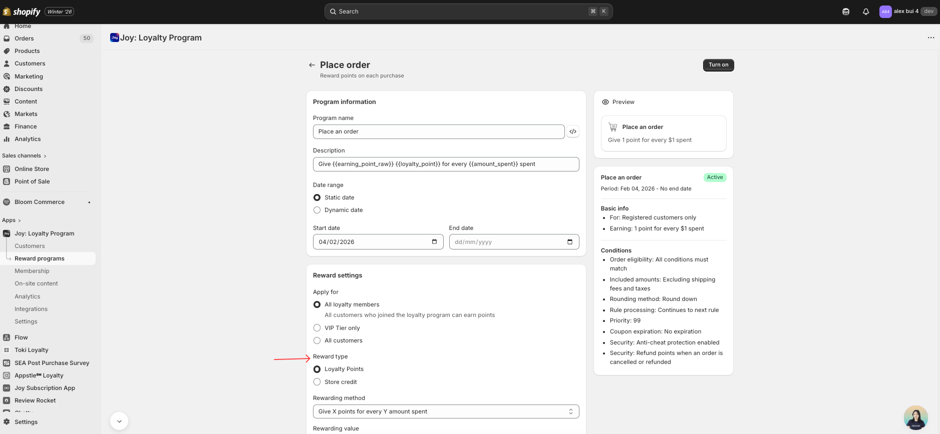 Joy admin Place Order program showing Store Credit selected as the Reward Type