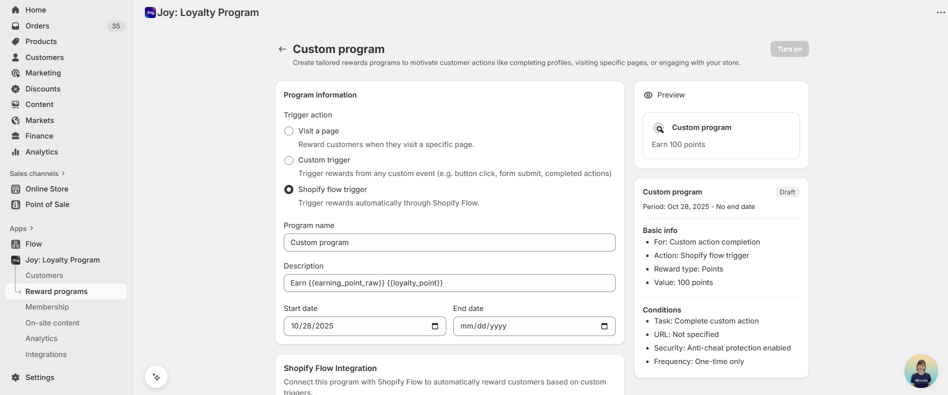 Joy admin Custom Program overview showing Visit a page, Custom trigger, and Shopify Flow trigger options
